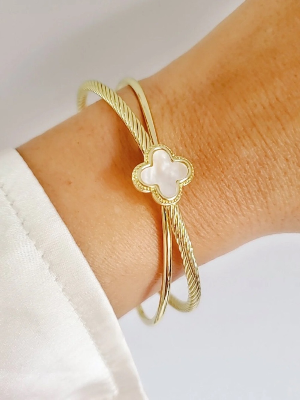 Emma Vera “Mother of Pearl” Clover Gold Bangle Bracelet